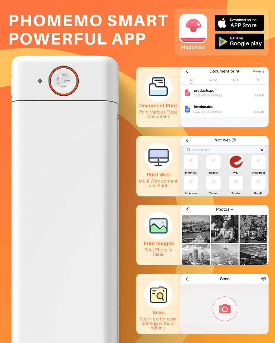 Phomemo M08F Thermal Portable Printer, A4 Letter Mobile Compact Printer - White