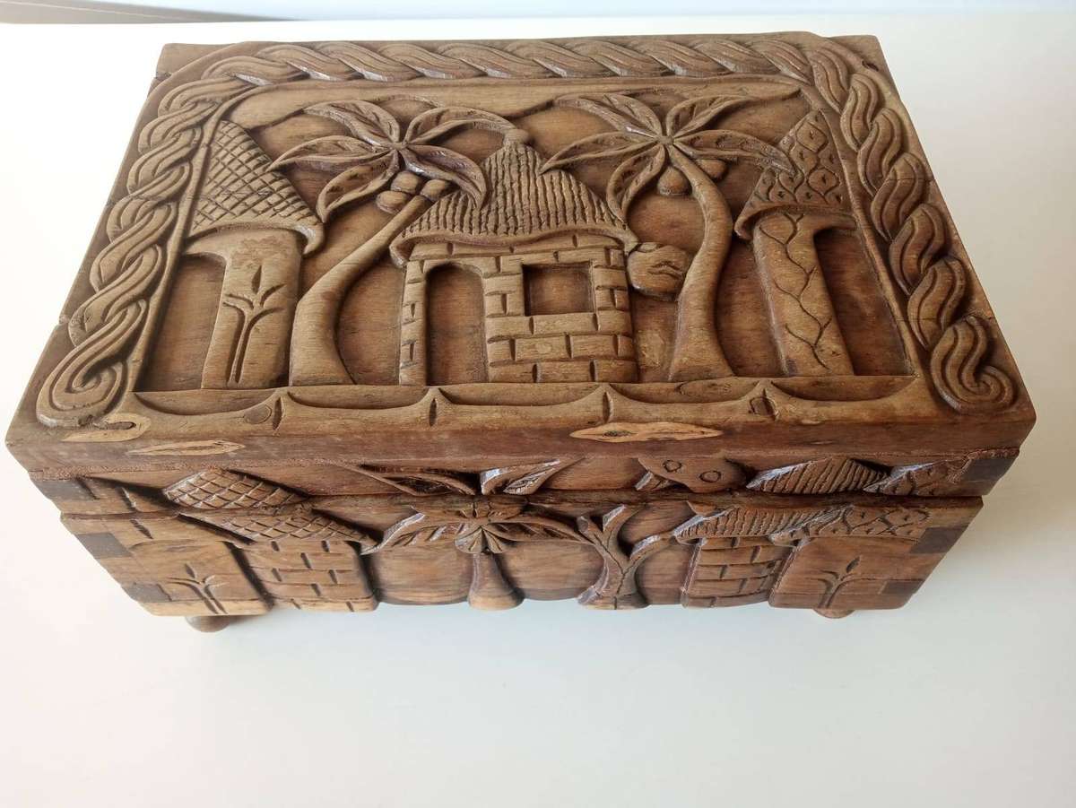 Antique Hand Carved  Hardwood Jewellery Box