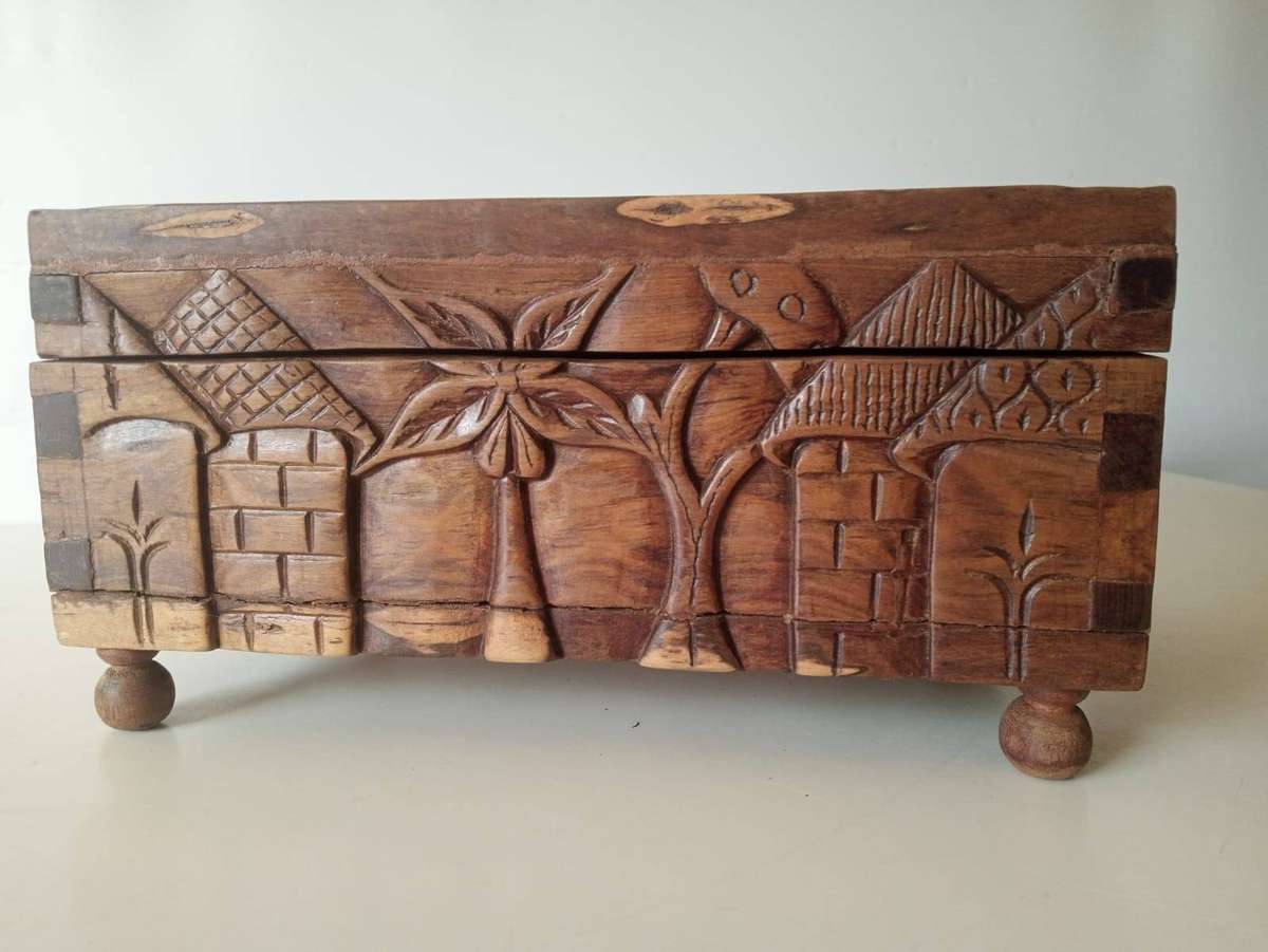 Antique Hand Carved  Hardwood Jewellery Box