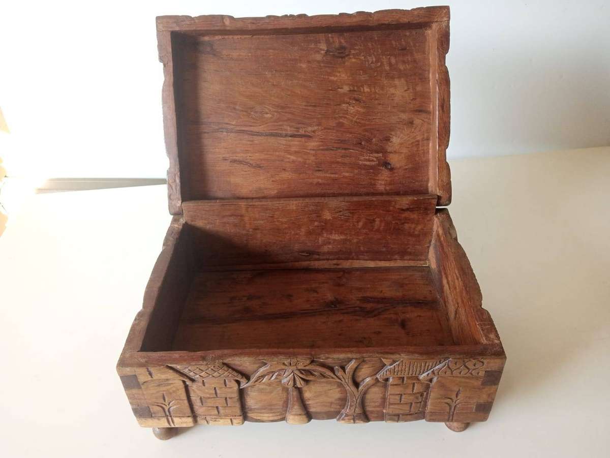 Antique Hand Carved  Hardwood Jewellery Box