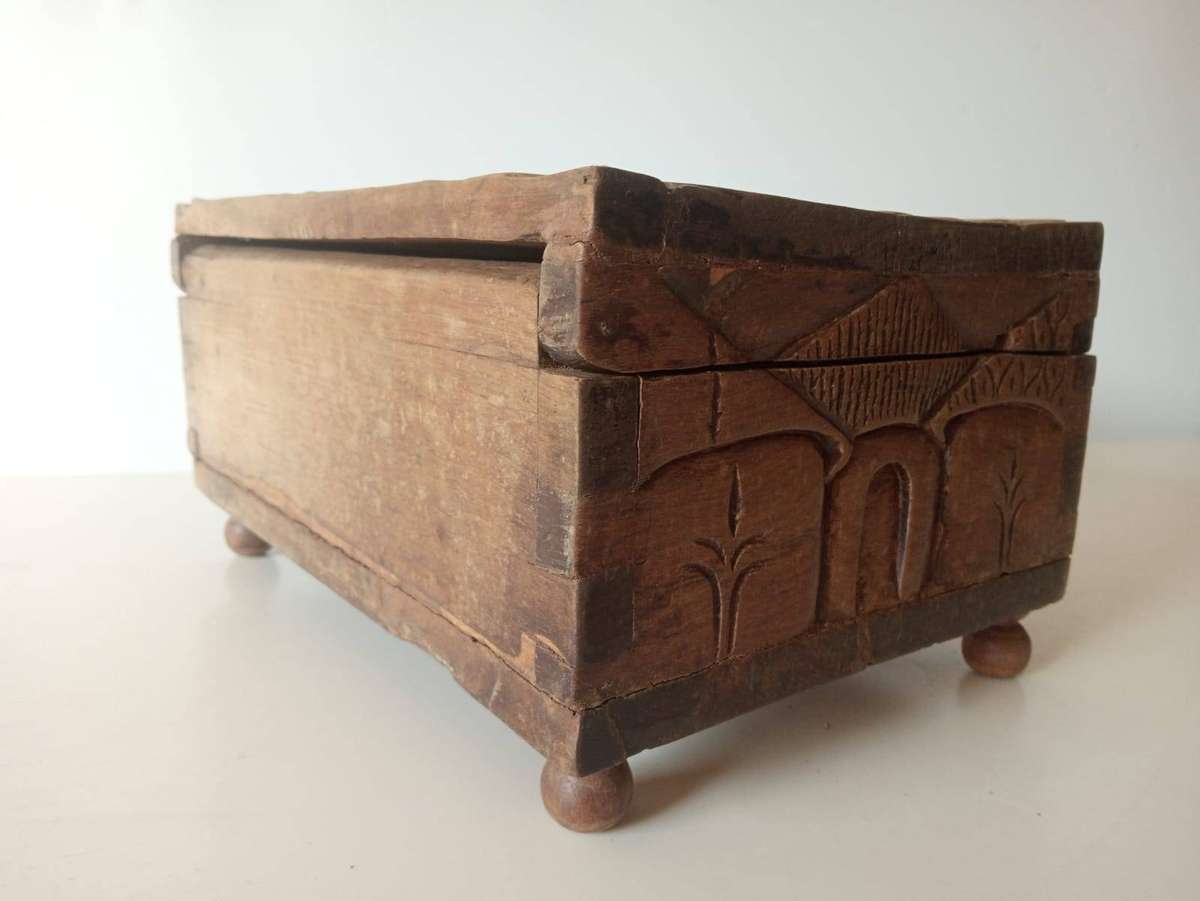 Antique Hand Carved  Hardwood Jewellery Box
