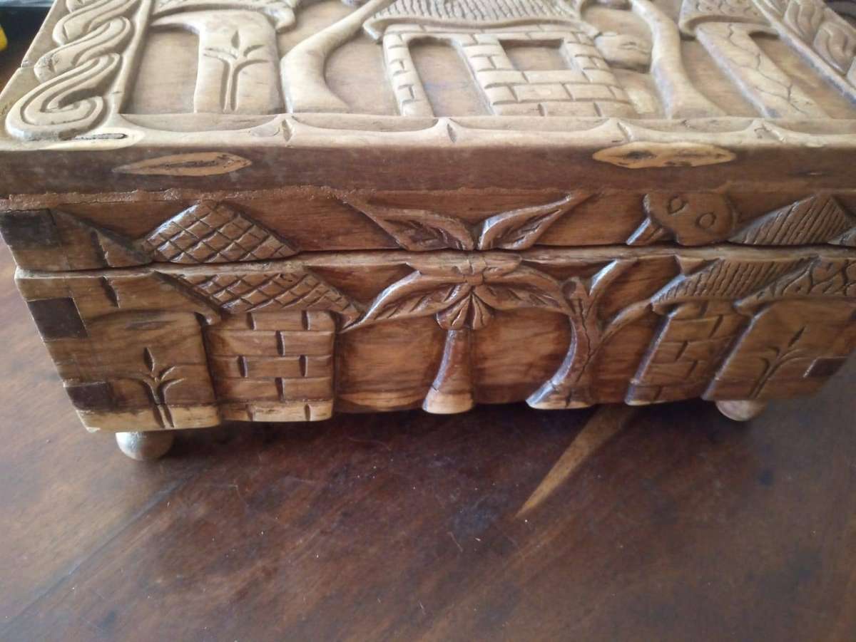 Antique Hand Carved  Hardwood Jewellery Box
