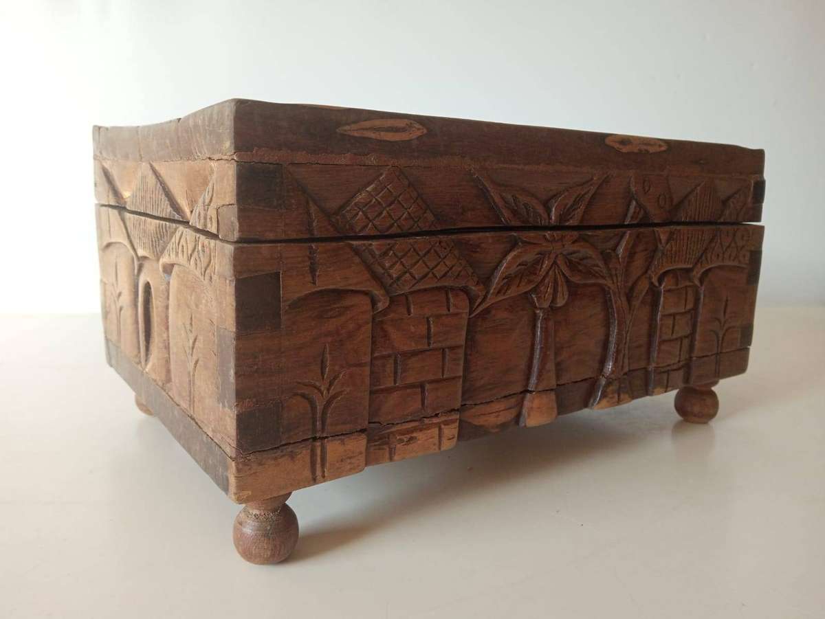 Antique Hand Carved  Hardwood Jewellery Box