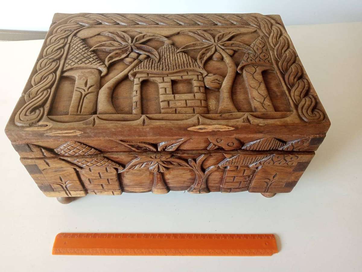 Antique Hand Carved  Hardwood Jewellery Box