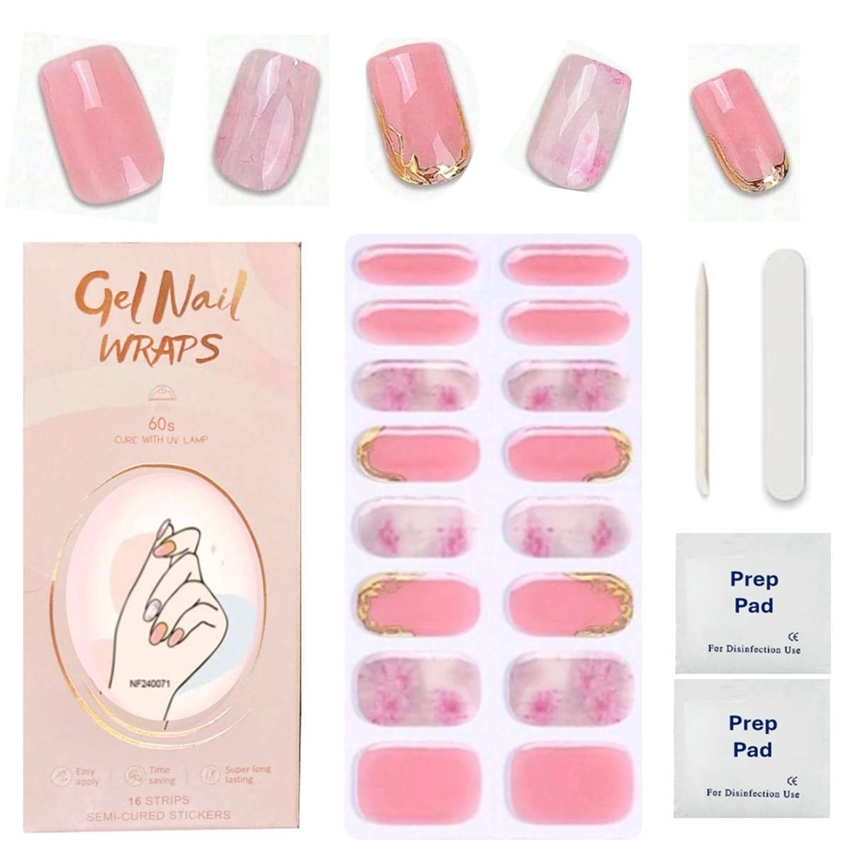 16pc Pink Halo Semi Cured Gel Nail Wraps, Gel Nail Strips, Nail Art - Easy to Apply