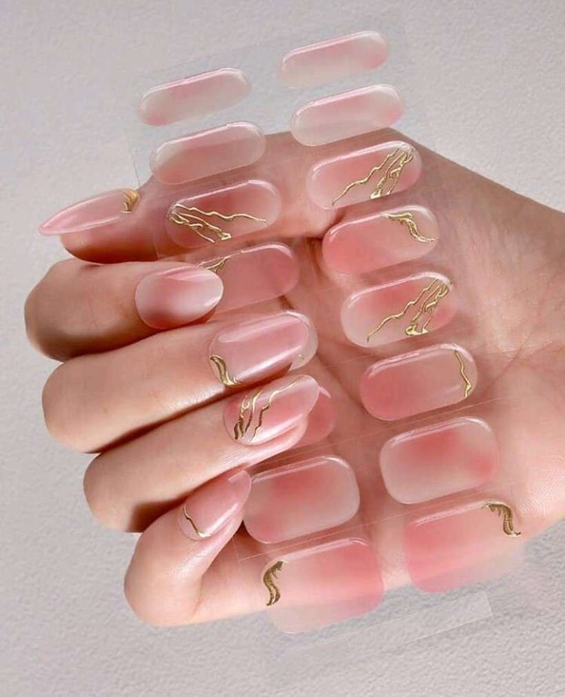 Salon Quality 16 pc Semi Cured Gel Nail Wraps / Gel Nail Strips / Nail Art - Pink & Gold