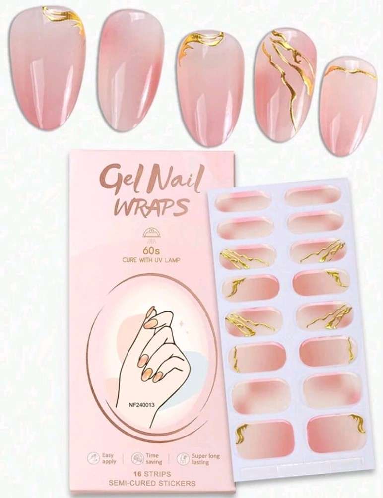 Salon Quality 16 pc Semi Cured Gel Nail Wraps / Gel Nail Strips / Nail Art - Pink & Gold