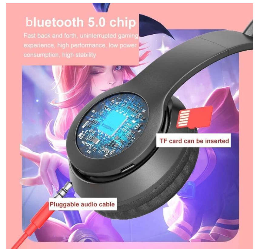 AFR P47M Cat Ears Bluetooth Headphones Wireless LED Light Up - Black