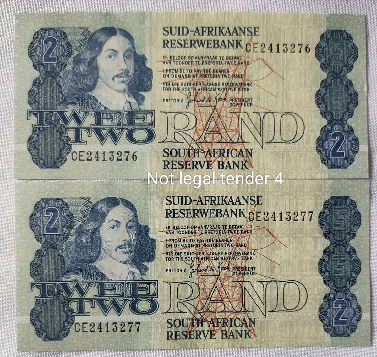 2 x SARB banknote - R2 - CE Prefix - Gerhard de Kock- sequential numbers