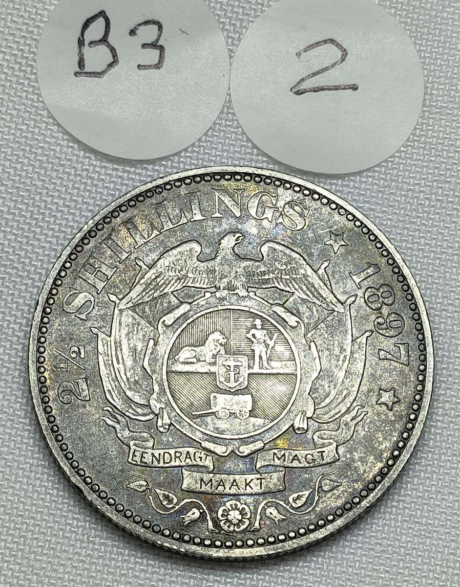 ZAR  2 1/2 Shillings Half Crown: 1897: Scarce Sterling Silver (.925) coin: