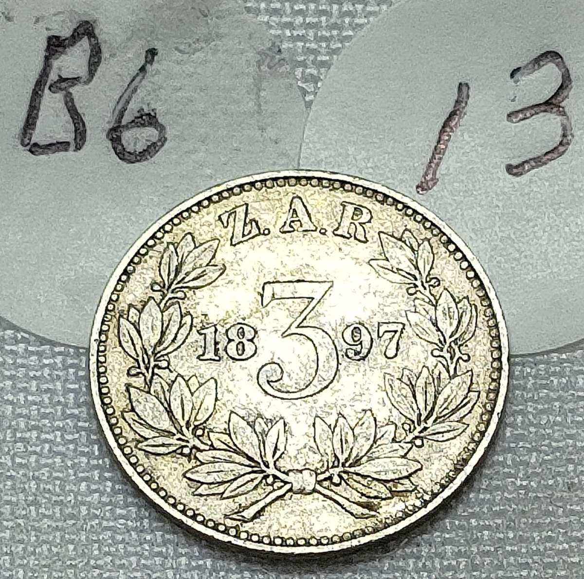 ZAR Threepence: (3D): 1897: Scarce Sterling Silver (.925) coin: