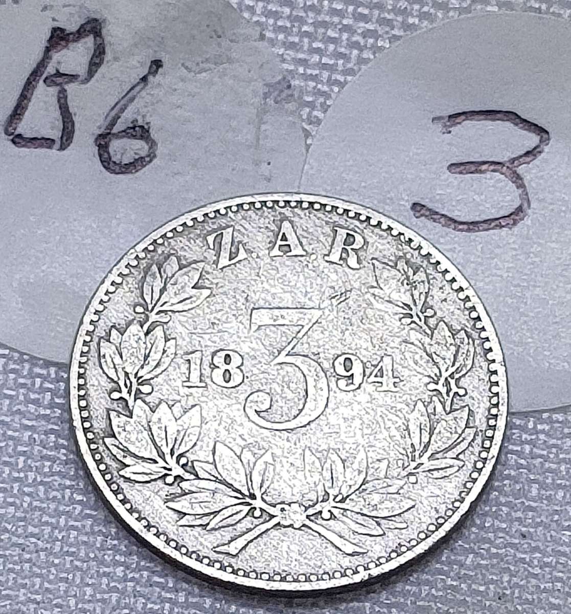 ZAR Threepence: (3D): 1894: Scarce Sterling Silver (.925) coin: