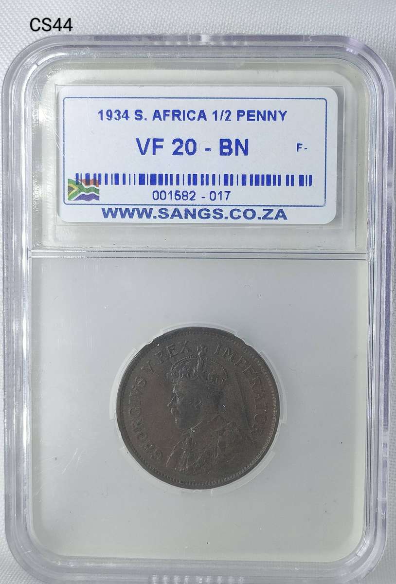 1934 South Africa 1/2 penny -SANGS graded - VF-20 BN