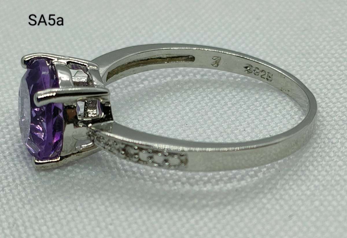 Sterling silver natural Amethyst & diamond ring- 925 stamped - US7 - large gemstone