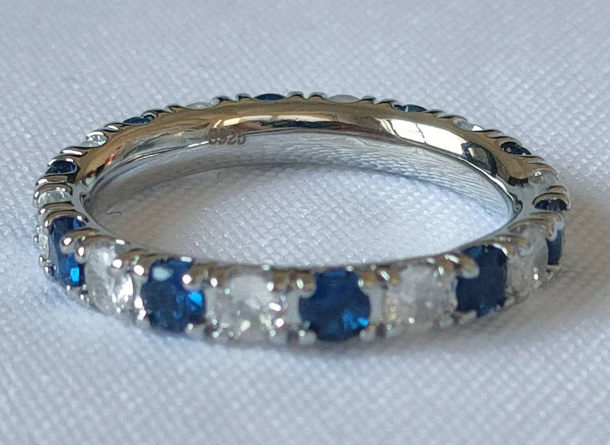 Sterling silver blue and white Moissanite ring- 925 stamped - US7