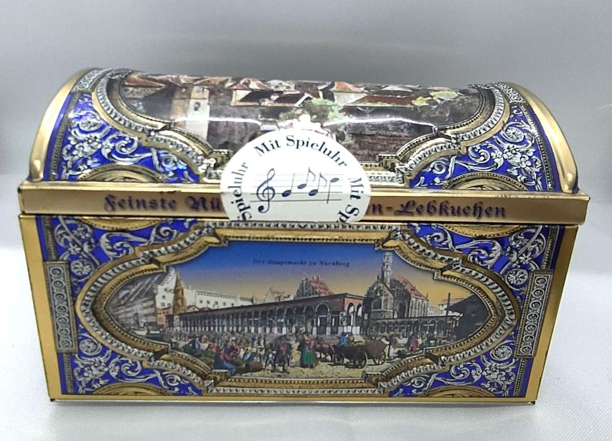 2 Brass containers and musical box biscuit container- no damage - Biscuit box 150 mm x 100 mm