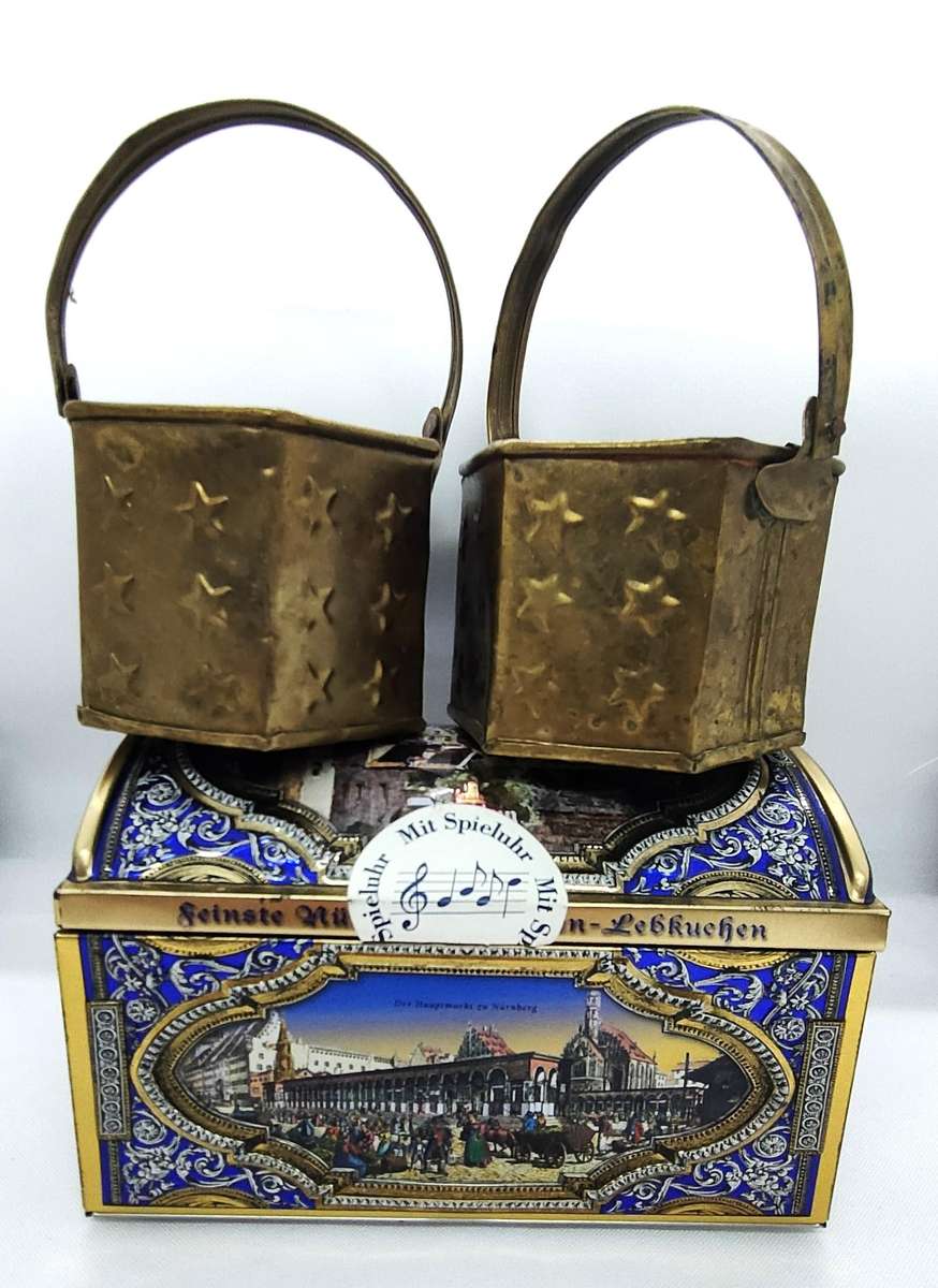 2 Brass containers and musical box biscuit container- no damage - Biscuit box 150 mm x 100 mm