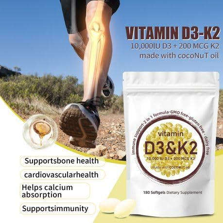 Vitamin D3 10000 iu Plus K2 (MK-7) 200 mcg, 180 Virgin Coconut Oil Softgels | 2 in 1 Vitamins