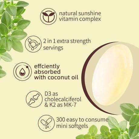 Vitamin D3 10000 iu Plus K2 (MK-7) 200 mcg, 180 Virgin Coconut Oil Softgels | 2 in 1 Vitamins