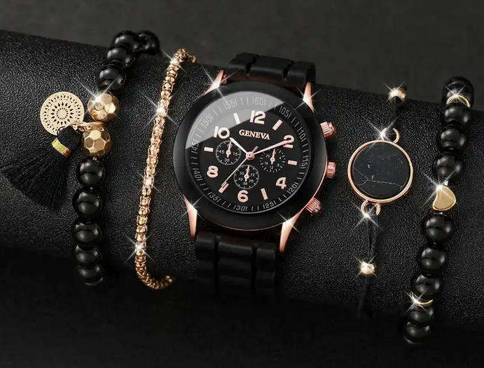 Watch and Bracelet Set - Black and Rose Gold