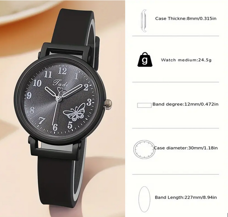 Watch and Double Layer Butterfly Pendant Necklace