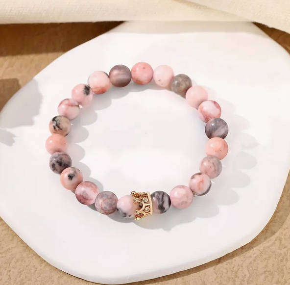 Bracelet - Pink and Grey tones and Golden Crown Pendant with Gift Card