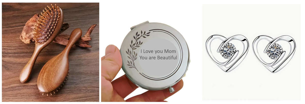 Sandalwood Hair Brush Silver Makeup Mirror and Earrings