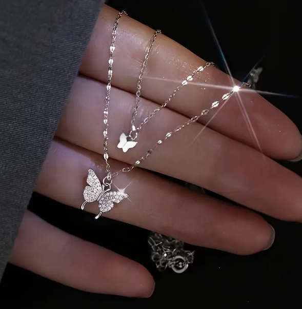 Watch and Double Layer Butterfly Pendant Necklace