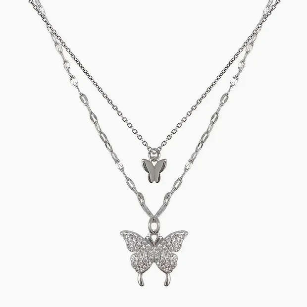Watch and Double Layer Butterfly Pendant Necklace