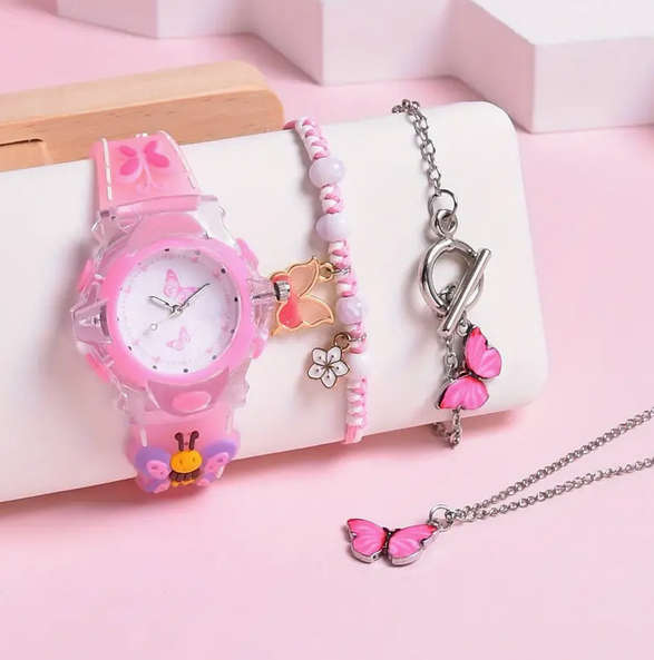 Butterfly LED Light Watch and 3 PCS Jewellery Set - Pink