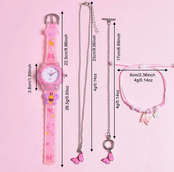 Butterfly LED Light Watch and 3 PCS Jewellery Set - Pink