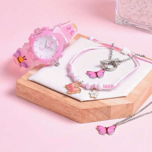 Butterfly LED Light Watch and 3 PCS Jewellery Set - Pink
