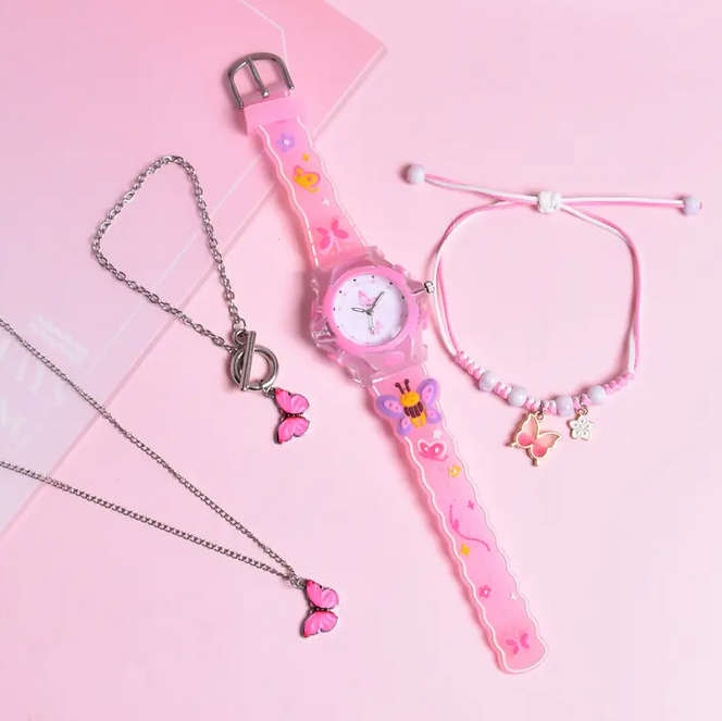 Butterfly LED Light Watch and 3 PCS Jewellery Set - Pink