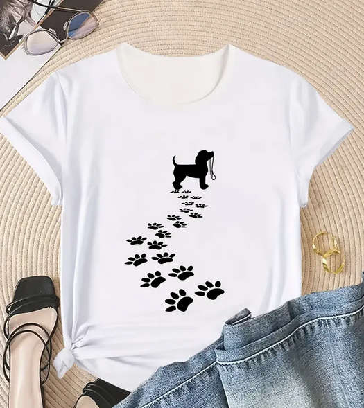 Dog and Paw Print Crew Neck T-Shirt - Large