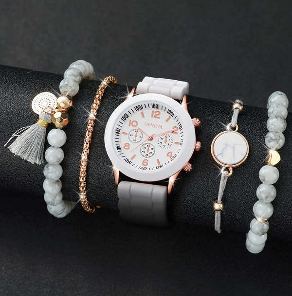 Watch and Bracelet Set - White and Rose Gold