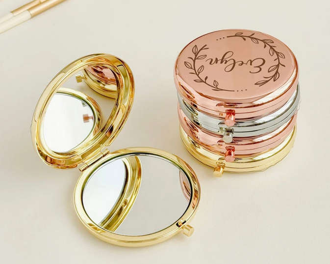 Sandalwood Hair Brush Engraved Gold Makeup Mirror and Earrings