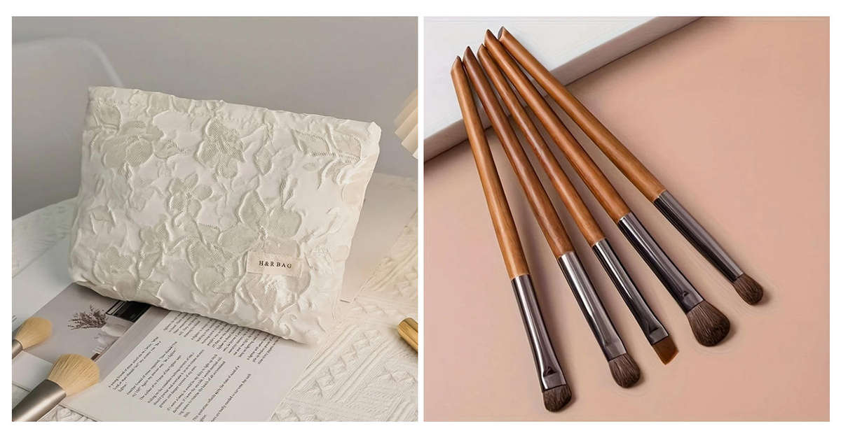 Vintage Style Makeup Bag with 5 PCS Birchwood Makeup Brush Set