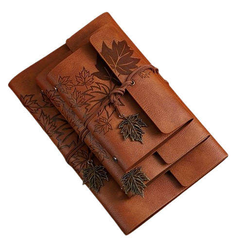 Vintage Maple Leaf Embossed Journal with Wrap Closure - Tan