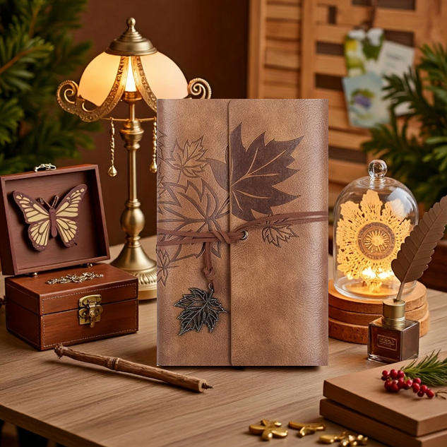 Vintage Maple Leaf Embossed Journal with Wrap Closure - Tan