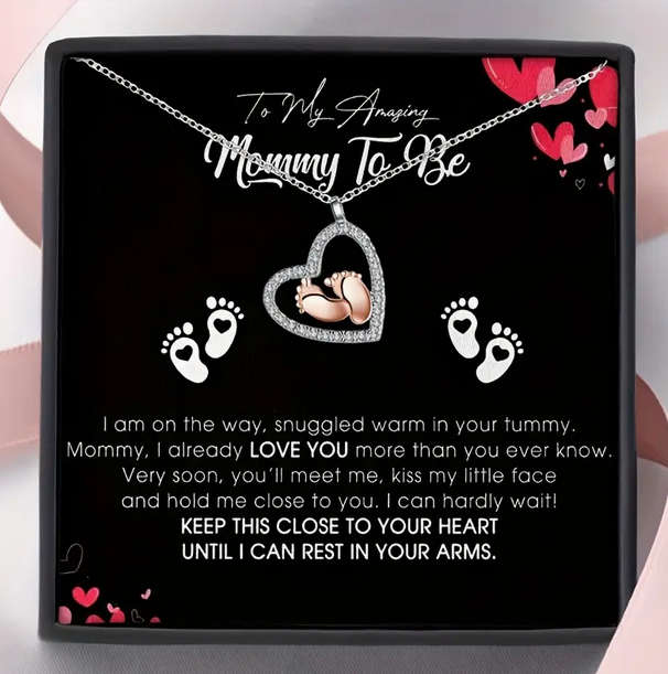 Beautiful Gift for Mommy to Be -  Heart and Baby Feet Pendant Necklace with Gift Card and Gift Box