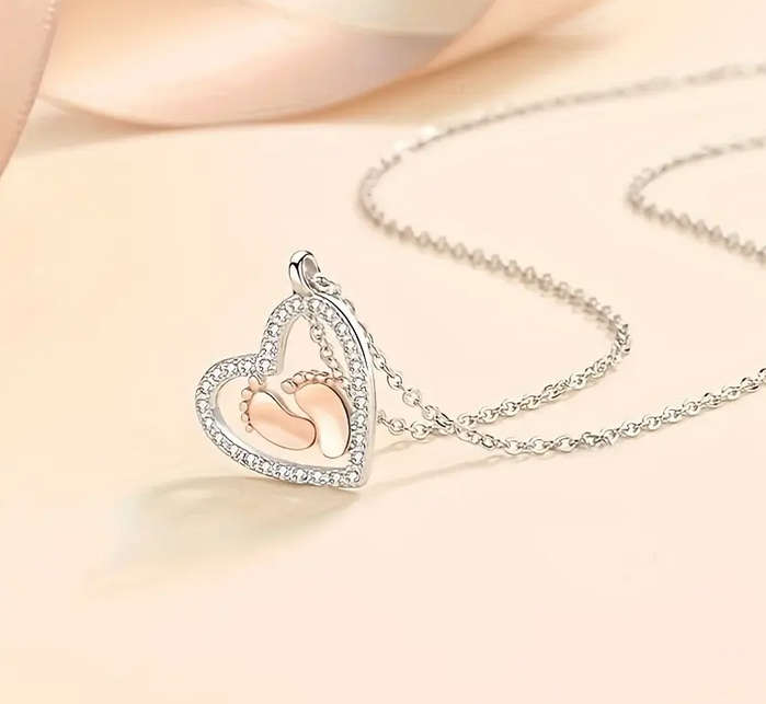 Beautiful Gift for Mommy to Be -  Heart and Baby Feet Pendant Necklace with Gift Card and Gift Box