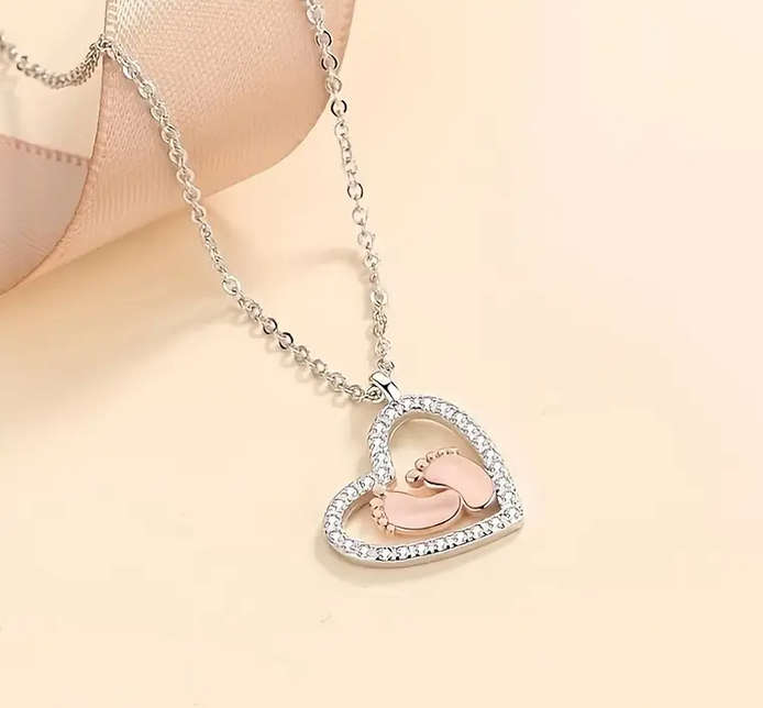Beautiful Gift for Mommy to Be -  Heart and Baby Feet Pendant Necklace with Gift Card and Gift Box