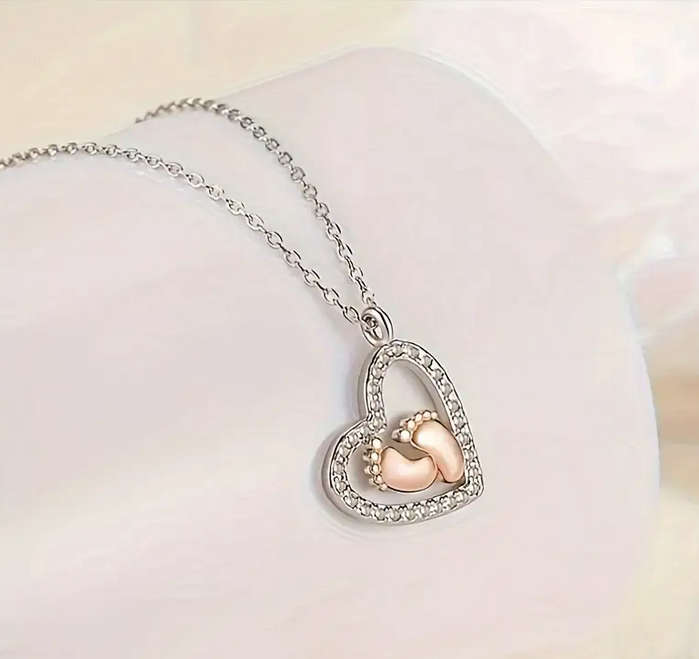 Beautiful Gift for Mommy to Be -  Heart and Baby Feet Pendant Necklace with Gift Card and Gift Box