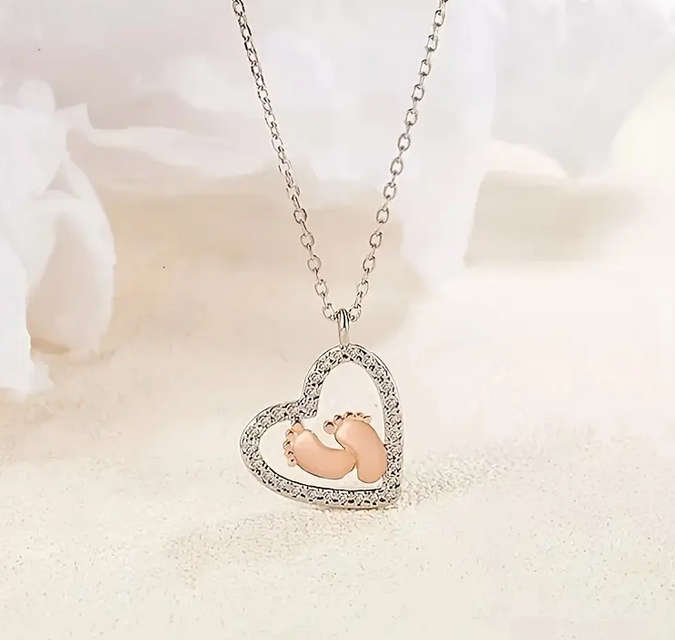 Beautiful Gift for Mommy to Be -  Heart and Baby Feet Pendant Necklace with Gift Card and Gift Box