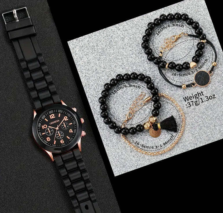 Watch and Bracelet Set - Black and Rose Gold