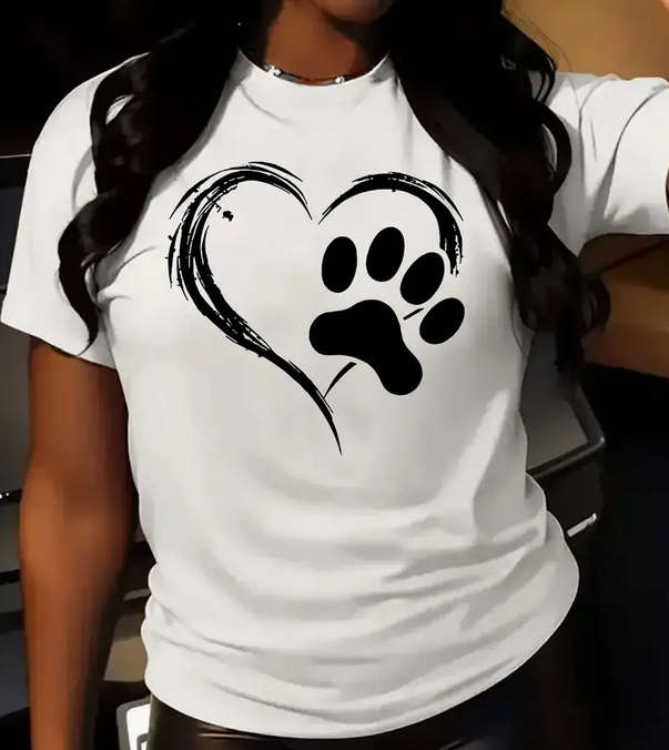 Heart and Paw Print Crew Neck T-Shirt - Large