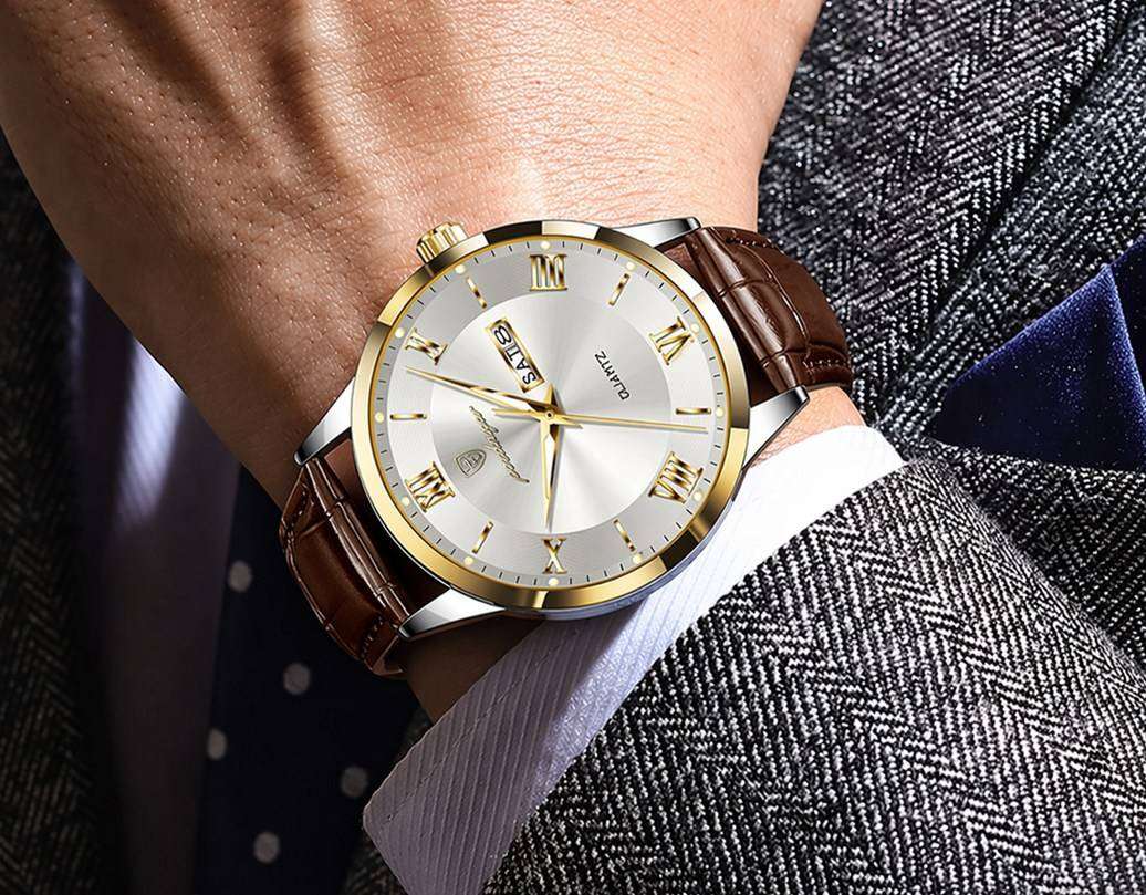 POEDAGAR Quartz Watch with Date and Day Calendar - Brown Leather Strap