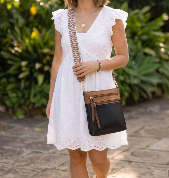 Vintage Style Shoulder and Crossbody Bag - Black and Tan