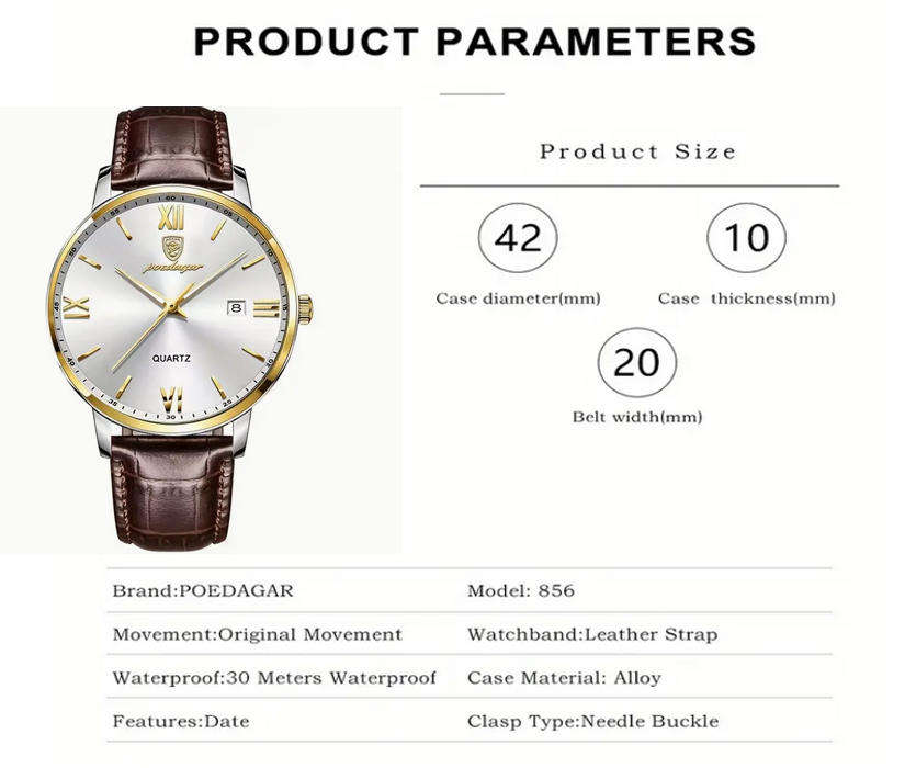 POEDAGAR Quartz Watch with Date Calendar - Brown Leather Strap