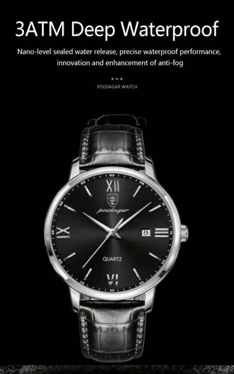 POEDAGAR Quartz Watch with Calendar and Black Leather Strap